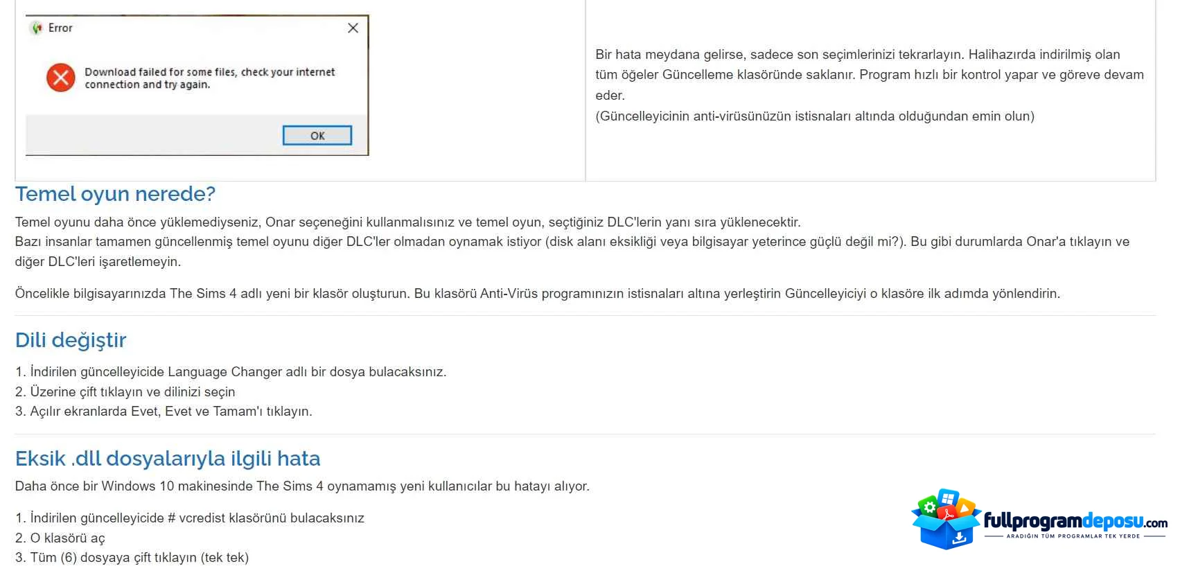 Sims 4 "Güncelleme Programı" İndir ekran görüntüsü